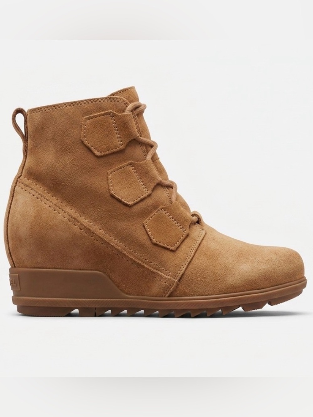 Sorel Evie Lace Wedge Boot in Soft Waterproof Cognac Suede Women’s Size 8